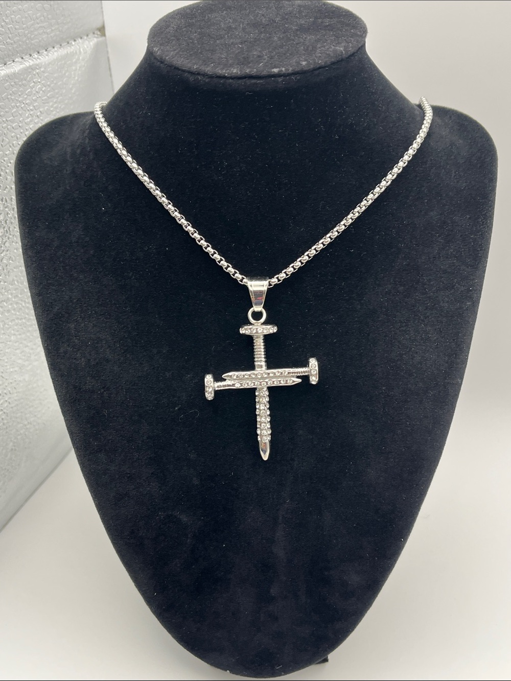 Stainless Steel Crystal Nail Cross Pendant Necklace - Unbranded